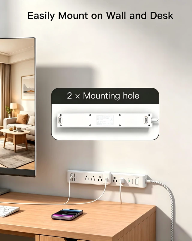 Alt view image 6 of 7 - Surge Protector Power Strip 5FT, 10-in-1 with 6 AC Outlets 4 USB Ports(2 USB-C), Ultra Flat Plug Braided Extension Cord, Wall Mountable, 1080J Surge Protection, ETL Listed, White