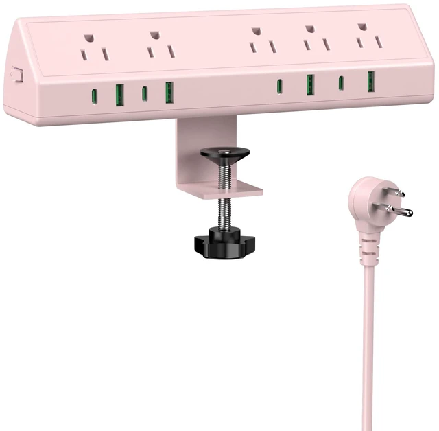 Main image of Desk Clamp Power Strip USB C 45W,Surge Protector,Pink 4 USB-C,Edge Mount,1875W Extension Cord,15A Switch,ETL Listed,Office,Gaming,Dorm