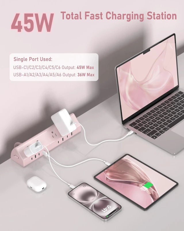 Alt view image 2 of 7 - Desk Clamp Power Strip USB C 45W,8 USB,10FT,Purple Surge Protector 1200J,Fit 1.96'' Tabletop Edge Mount,1875W Extension Cord,15A Switch,ETL Listed,Office,Gaming,Dorm