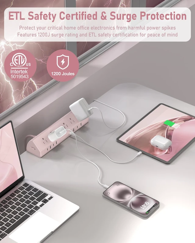 Alt view image 2 of 5 - Desk Clamp Power Strip USB C 45W,Surge Protector,Pink 4 USB-C,Edge Mount,1875W Extension Cord,15A Switch,ETL Listed,Office,Gaming,Dorm