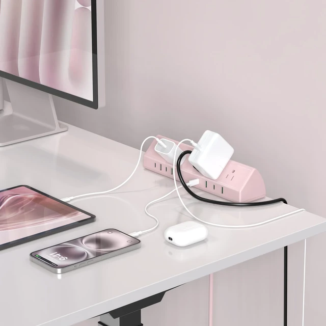 Alt view image 4 of 5 - Desk Clamp Power Strip USB C 45W,Surge Protector,Pink 4 USB-C,Edge Mount,1875W Extension Cord,15A Switch,ETL Listed,Office,Gaming,Dorm