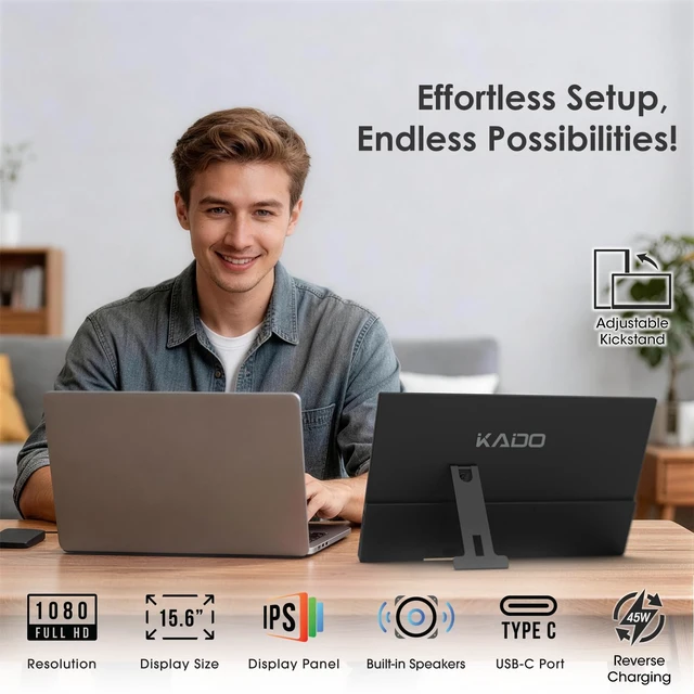 Alt view image 2 of 7 - Portable Monitor 15.6-inch FHD 1080p Rotating Stand IPS Display 45W Reverse Charging Ultra-Slim Laptop Monitor 1920x1080 with Built-in Speakers for PC, Mac, Phone, Xbox, PS5, USB-C & HDMI