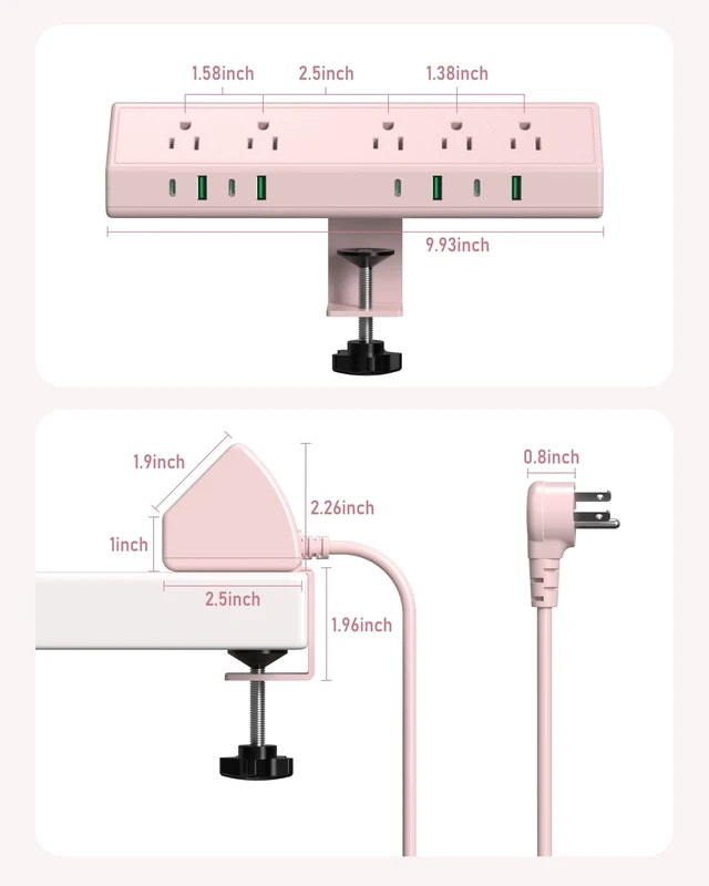 Alt view image 5 of 5 - Desk Clamp Power Strip USB C 45W,Surge Protector,Pink 4 USB-C,Edge Mount,1875W Extension Cord,15A Switch,ETL Listed,Office,Gaming,Dorm
