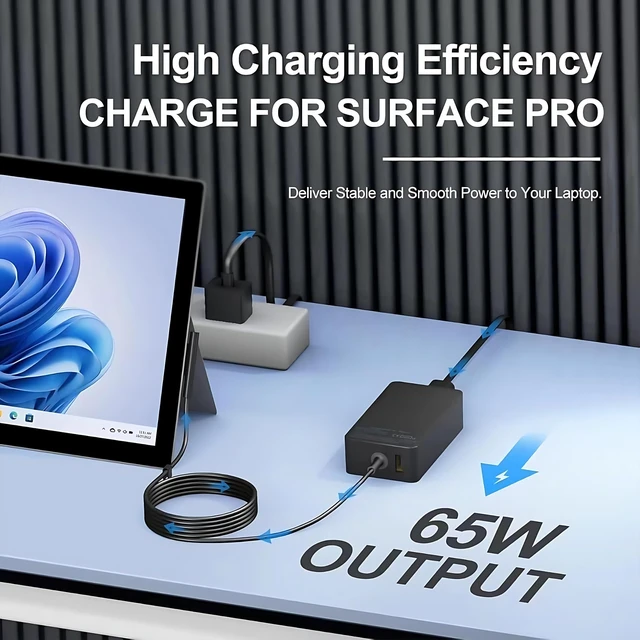 Alt view image 2 of 7 - Surface Pro Charger 65W, Surface Laptop Charger Compatible with Microsoft Surface Pro 11/10/9/8/7+/7/6/5/4/X, Surface Laptop 7/6/5/4, Surface Book 3/2, Surface Go 3/2/1 with 8.8ft Power Cord