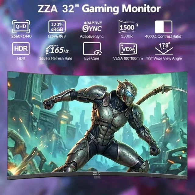 Alt view image 2 of 7 - 32 Inch Curved Monitor,1440p VA Screen 165Hz, 1500R Curved Gming Monitor,Computer Monitor 1ms,FreeSync & G-Sync, HDR10, 120% sRGB Coverage, DP/HDMI, PC Monitor VESA Mount Compatible