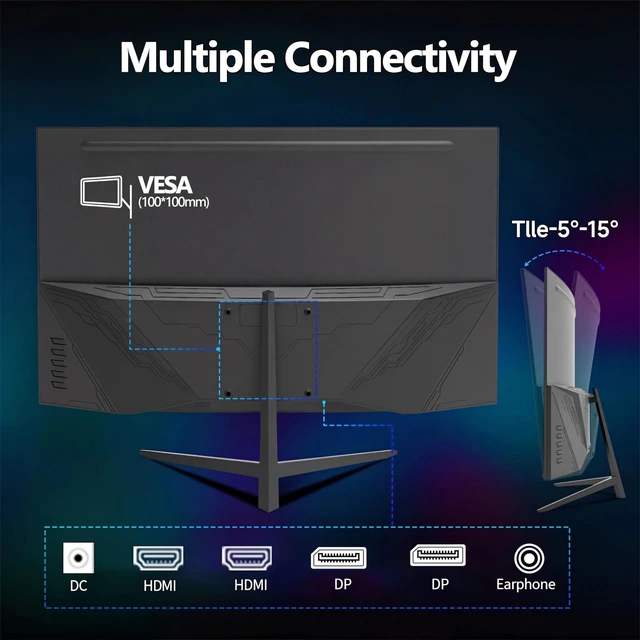 Alt view image 7 of 7 - 32 Inch Curved Monitor,1440p VA Screen 165Hz, 1500R Curved Gming Monitor,Computer Monitor 1ms,FreeSync & G-Sync, HDR10, 120% sRGB Coverage, DP/HDMI, PC Monitor VESA Mount Compatible