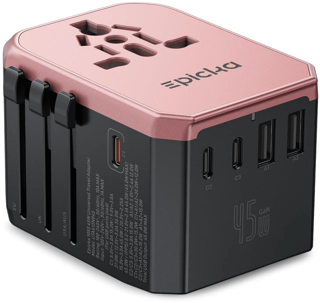 Main image of 45W Universal Travel Adapter PD&QC, 1AC/3USB-C/2USB-A Travel Plug Adapter for EU/US/UK/AUS, Fast Charging for Multi-Device, Not A Voltage Converter, TA-105S, Rose Gold