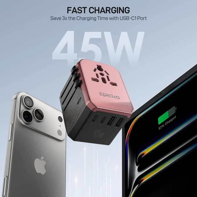 Alt view image 2 of 7 - 45W Universal Travel Adapter PD&QC, 1AC/3USB-C/2USB-A Travel Plug Adapter for EU/US/UK/AUS, Fast Charging for Multi-Device, Not A Voltage Converter, TA-105S, Rose Gold