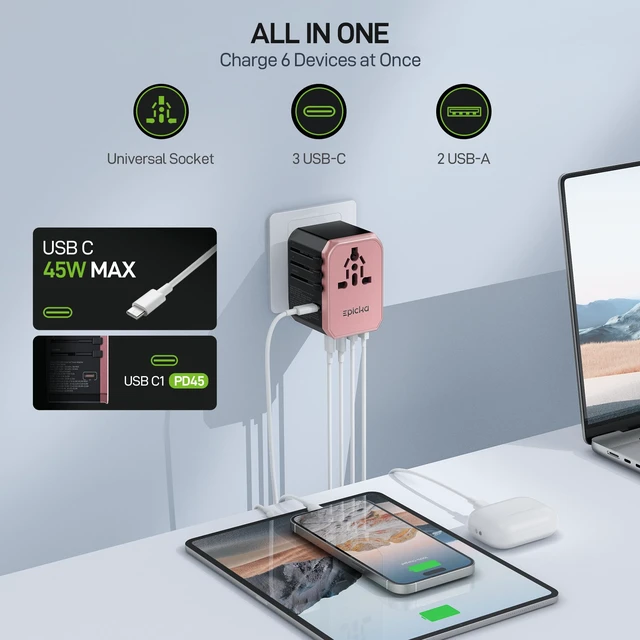 Alt view image 3 of 7 - 45W Universal Travel Adapter PD&QC, 1AC/3USB-C/2USB-A Travel Plug Adapter for EU/US/UK/AUS, Fast Charging for Multi-Device, Not A Voltage Converter, TA-105S, Rose Gold