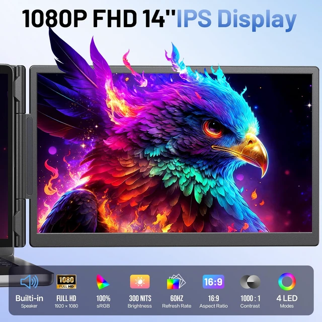 Alt view image 2 of 7 - Laptop Screen Extender, 14" FHD 1080P Portable Monitor for Laptop with 100% sRGB, Dual Screen Extender for Laptop 1317.3", Plug & Play External Monitor, Business Travel & Home Office
