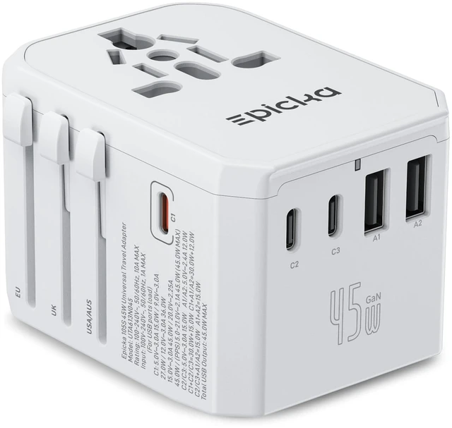 Main image of 45W Universal Travel Adapter PD&QC, 1AC/3USB-C/2USB-A Travel Plug Adapter for EU/US/UK/AUS, Fast Charging for Multi-Device, Not A Voltage Converter, TA-105S, White