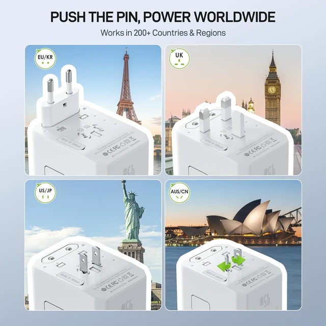 Alt view image 4 of 7 - 45W Universal Travel Adapter PD&QC, 1AC/3USB-C/2USB-A Travel Plug Adapter for EU/US/UK/AUS, Fast Charging for Multi-Device, Not A Voltage Converter, TA-105S, White
