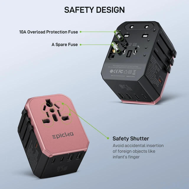 Alt view image 7 of 7 - 45W Universal Travel Adapter PD&QC, 1AC/3USB-C/2USB-A Travel Plug Adapter for EU/US/UK/AUS, Fast Charging for Multi-Device, Not A Voltage Converter, TA-105S, Rose Gold