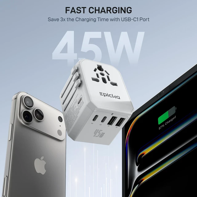 Alt view image 2 of 7 - 45W Universal Travel Adapter PD&QC, 1AC/3USB-C/2USB-A Travel Plug Adapter for EU/US/UK/AUS, Fast Charging for Multi-Device, Not A Voltage Converter, TA-105S, White
