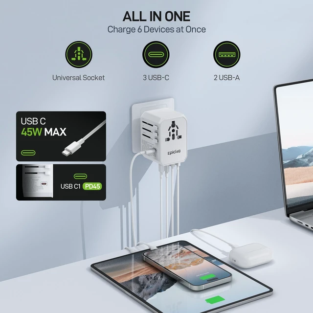 Alt view image 3 of 7 - 45W Universal Travel Adapter PD&QC, 1AC/3USB-C/2USB-A Travel Plug Adapter for EU/US/UK/AUS, Fast Charging for Multi-Device, Not A Voltage Converter, TA-105S, White