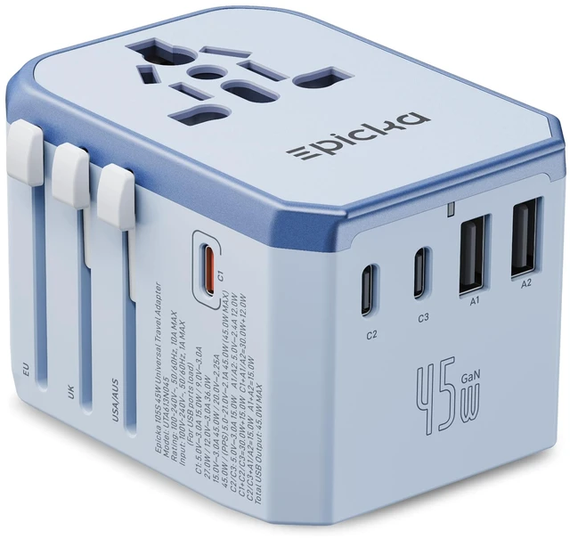 Main image of 45W Universal Travel Adapter PD&QC, 1AC/3USB-C/2USB-A Travel Plug Adapter for EU/US/UK/AUS, Fast Charging for Multi-Device, Not A Voltage Converter, TA-105S, Blue