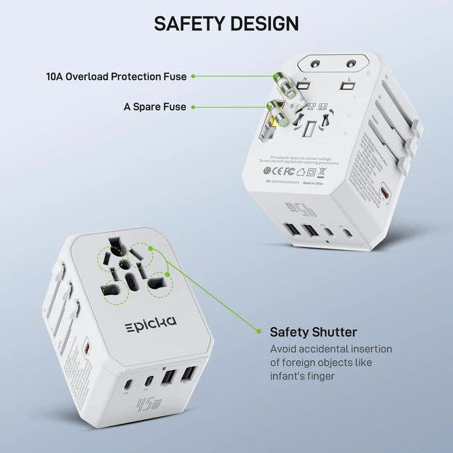 Alt view image 7 of 7 - 45W Universal Travel Adapter PD&QC, 1AC/3USB-C/2USB-A Travel Plug Adapter for EU/US/UK/AUS, Fast Charging for Multi-Device, Not A Voltage Converter, TA-105S, White