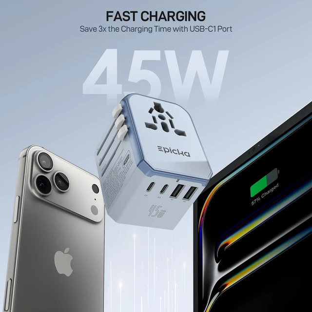 Alt view image 2 of 7 - 45W Universal Travel Adapter PD&QC, 1AC/3USB-C/2USB-A Travel Plug Adapter for EU/US/UK/AUS, Fast Charging for Multi-Device, Not A Voltage Converter, TA-105S, Blue