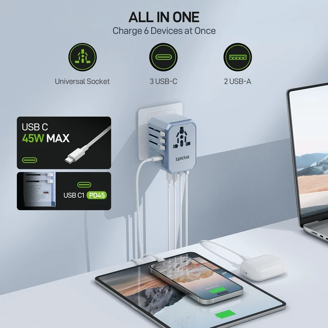 Alt view image 3 of 7 - 45W Universal Travel Adapter PD&QC, 1AC/3USB-C/2USB-A Travel Plug Adapter for EU/US/UK/AUS, Fast Charging for Multi-Device, Not A Voltage Converter, TA-105S, Blue