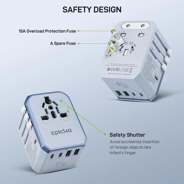 Alt view image 7 of 7 - 45W Universal Travel Adapter PD&QC, 1AC/3USB-C/2USB-A Travel Plug Adapter for EU/US/UK/AUS, Fast Charging for Multi-Device, Not A Voltage Converter, TA-105S, Blue