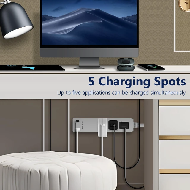 Alt view image 5 of 7 - Outlet Extender with 3 Receptacles, 12W USB-A & USB-C, Flat-Face ETL Listed, 3ft Cord, 1625W, Matte Gold, 3-Outlet Power Strip, Wall Plate Plug With Cord Extender, Premium Quality