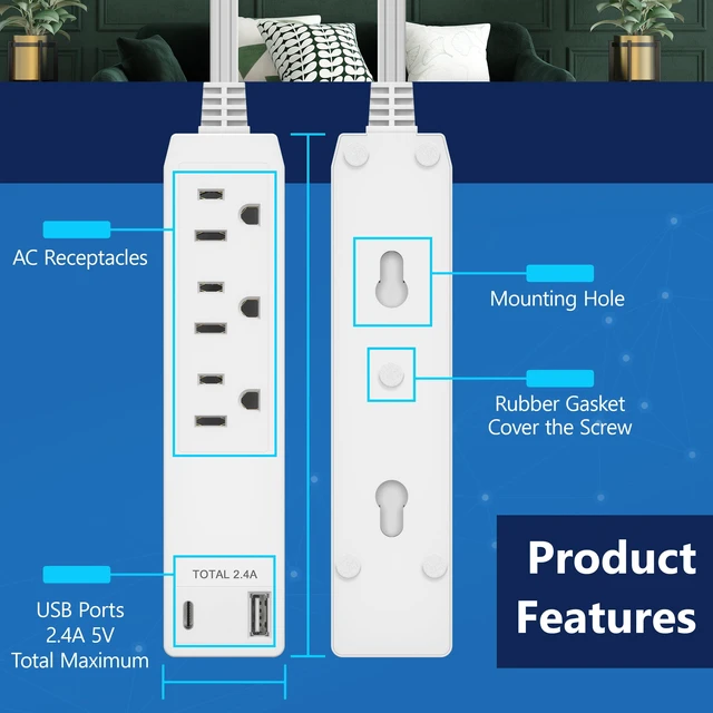Alt view image 2 of 7 - Outlet Extender with 3 Receptacles, 12W USB-A & USB-C, Flat-Face ETL Listed, 3ft Cord, 1625W, Matte Gold, 3-Outlet Power Strip, Wall Plate Plug With Cord Extender, Premium Quality