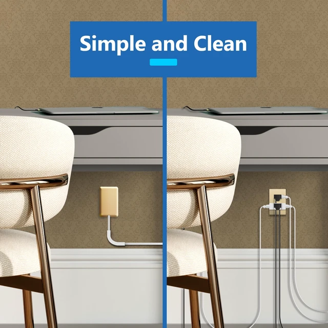 Alt view image 6 of 7 - Outlet Extender with 3 Receptacles, 12W USB-A & USB-C, Flat-Face ETL Listed, 3ft Cord, 1625W, Matte Gold, 3-Outlet Power Strip, Wall Plate Plug With Cord Extender, Premium Quality