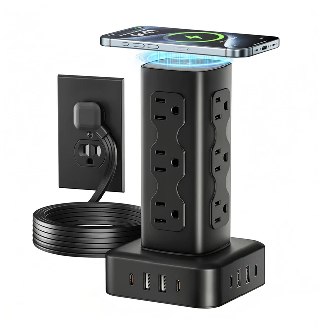 Main image of PD65W Power Strip Tower with 12 AC Outlets & 8 USB Ports(4 USB C), 6FT Cord 21-in-1 Flat Plug Charging Station Tower, 6FT Extension Cord for Home Office Dorm, Black