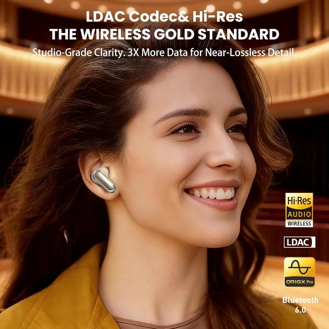 Alt view image 2 of 7 - NC20 Active Noise Cancelling Wireless Earbuds LDAC Hi-Res Bluetooth 6 Mics AI Call Ear Buds 80H Playtime, Dual Pairing, 32 EQ via App, IPX8 Waterproof, Wireless Charging Case Titanium Gold