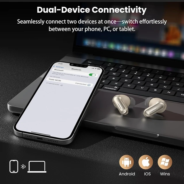 Alt view image 7 of 7 - NC20 Active Noise Cancelling Wireless Earbuds LDAC Hi-Res Bluetooth 6 Mics AI Call Ear Buds 80H Playtime, Dual Pairing, 32 EQ via App, IPX8 Waterproof, Wireless Charging Case Titanium Gold