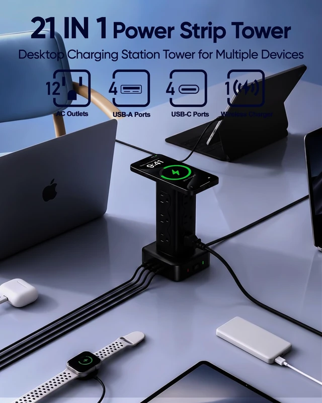 Alt view image 2 of 6 - PD65W Power Strip Tower with 12 AC Outlets & 8 USB Ports(4 USB C), 6FT Cord 21-in-1 Flat Plug Charging Station Tower, 6FT Extension Cord for Home Office Dorm, Black