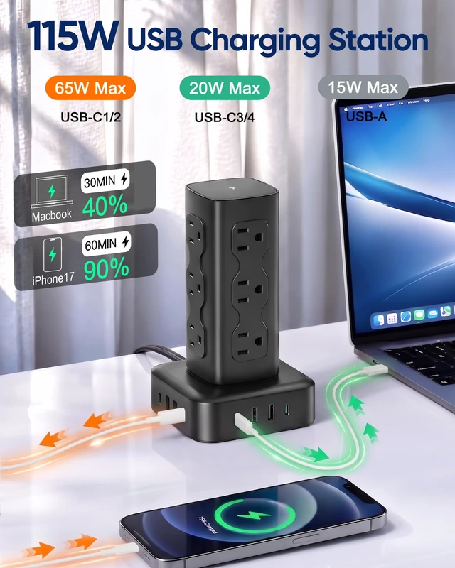 Alt view image 3 of 6 - PD65W Power Strip Tower with 12 AC Outlets & 8 USB Ports(4 USB C), 6FT Cord 21-in-1 Flat Plug Charging Station Tower, 6FT Extension Cord for Home Office Dorm, Black