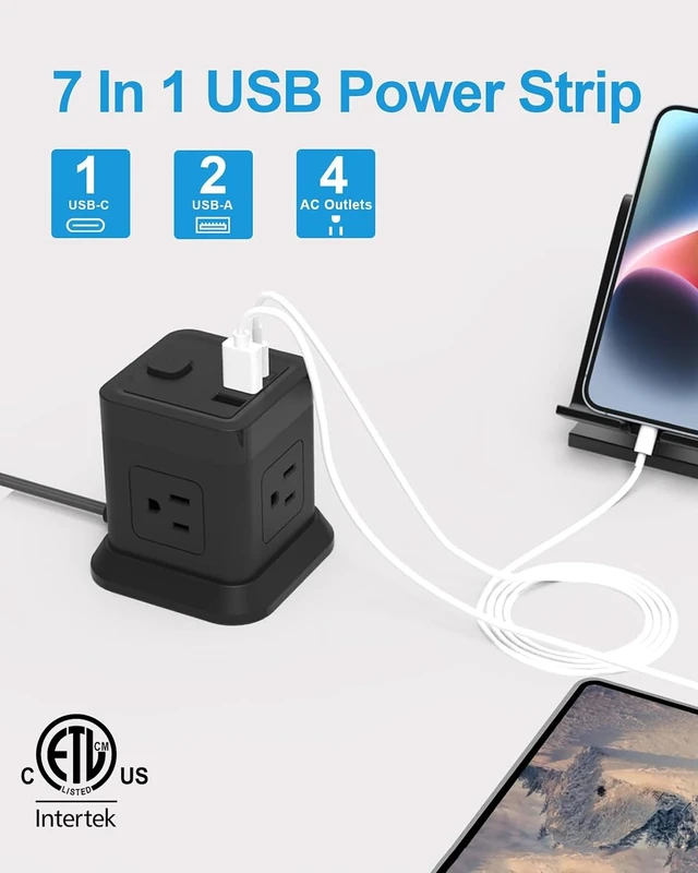 Alt view image 2 of 7 - USB C Power Strip PD 20W, 4 Outlets 3 USB 10 FT Extension Cord Black PD 20W USB C Fast Charging 10ft Flat Plug Extension Cord Overload Protection Must Have for Dorm & Office ETL Listed