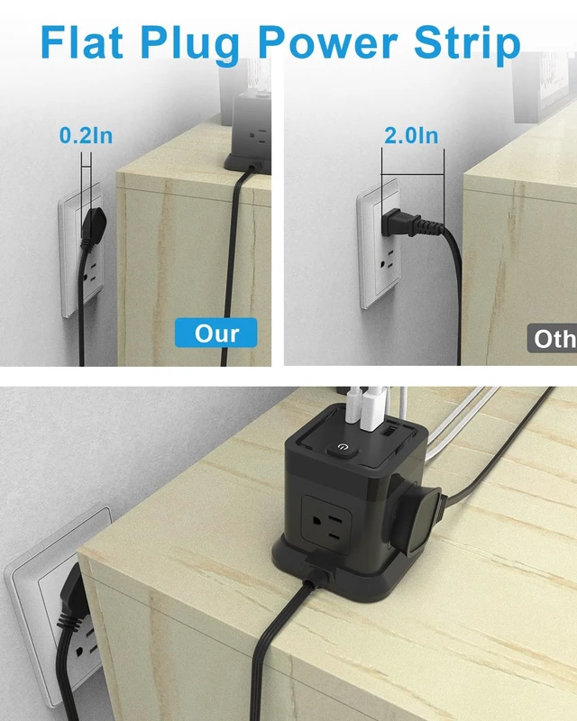 Alt view image 6 of 7 - USB C Power Strip PD 20W, 4 Outlets 3 USB 10 FT Extension Cord Black PD 20W USB C Fast Charging 10ft Flat Plug Extension Cord Overload Protection Must Have for Dorm & Office ETL Listed