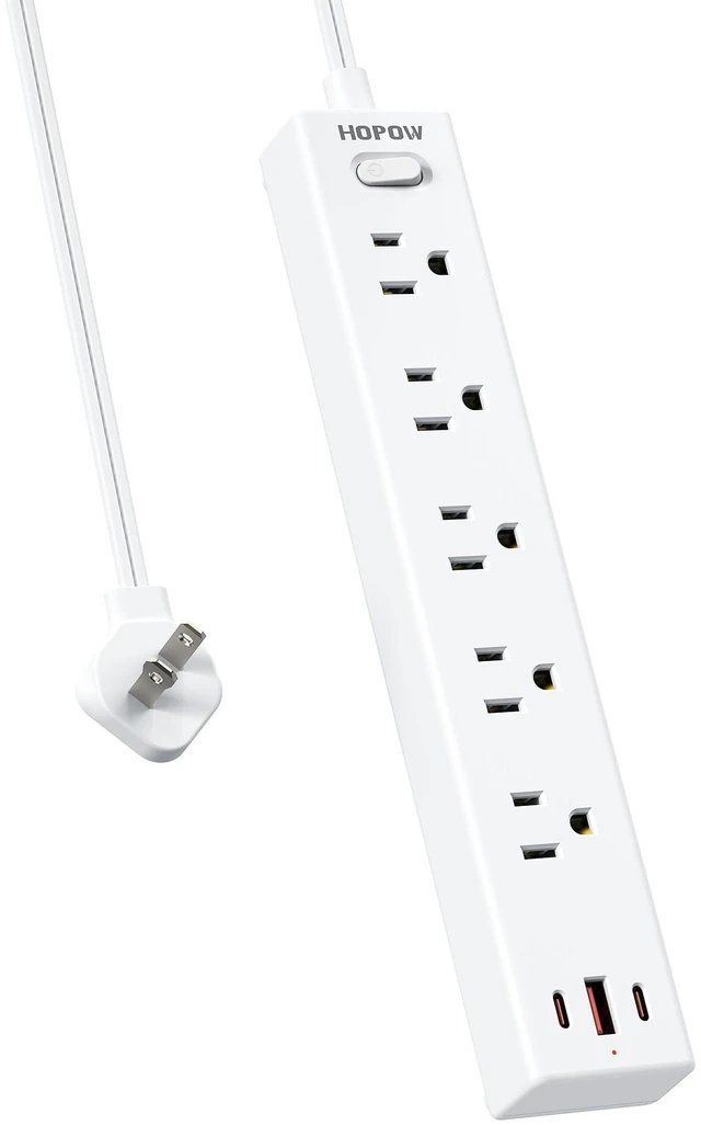 Main image of 5 Outlets 2 Prong Power Strip with 3USB, 6FT Extension Cord for Old House 1700 Joules, Wall Mountable, Flat Plug, 2 Prong to 3 Prong Outlet Adapter, Wide Spaced, White, for Non-Grounded Outlets
