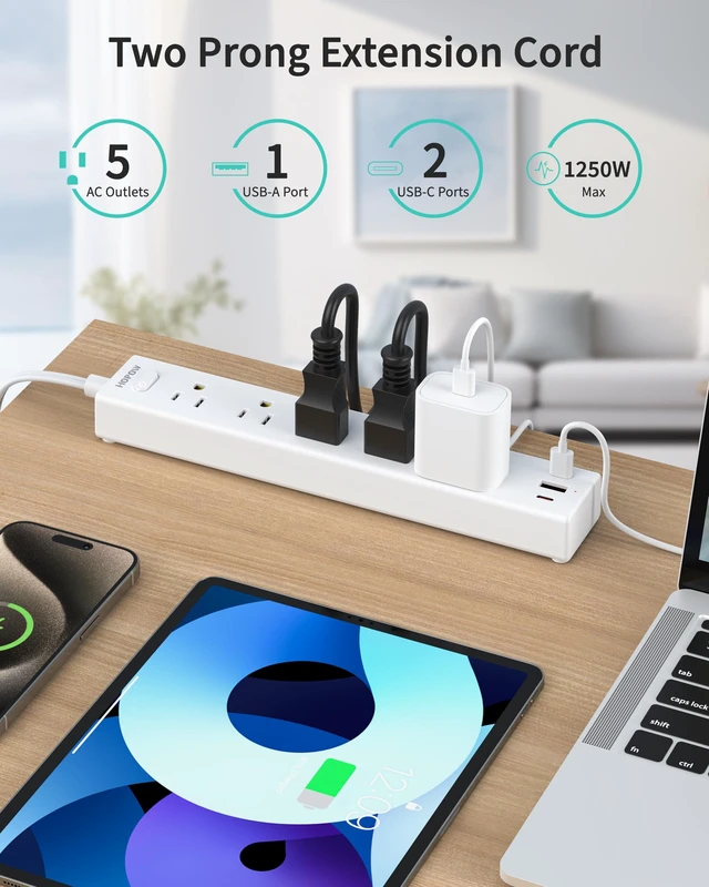 Alt view image 3 of 7 - 5 Outlets 2 Prong Power Strip with 3USB, 6FT Extension Cord for Old House 1700 Joules, Wall Mountable, Flat Plug, 2 Prong to 3 Prong Outlet Adapter, Wide Spaced, White, for Non-Grounded Outlets