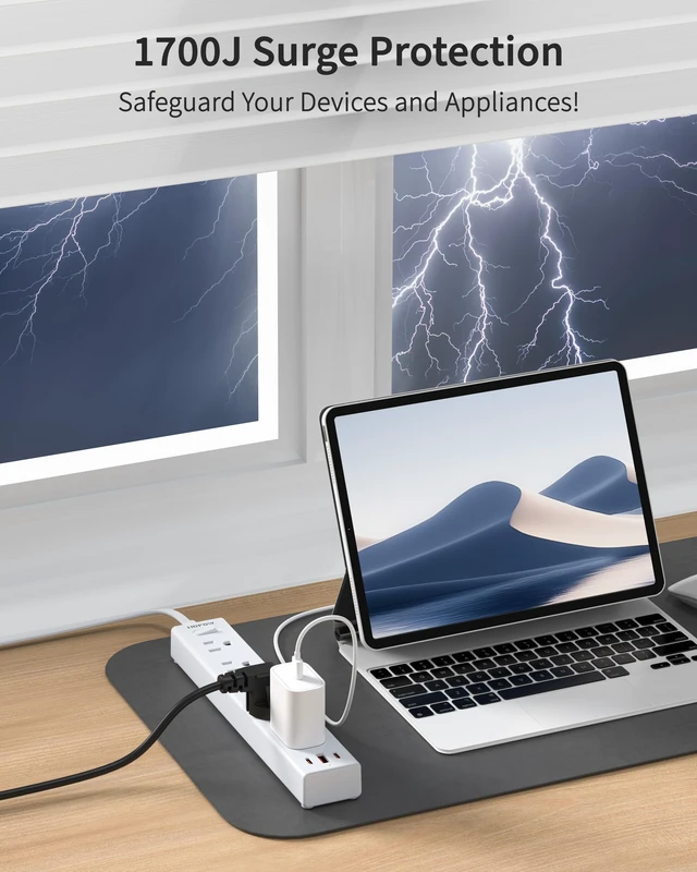 Alt view image 5 of 7 - 5 Outlets 2 Prong Power Strip with 3USB, 6FT Extension Cord for Old House 1700 Joules, Wall Mountable, Flat Plug, 2 Prong to 3 Prong Outlet Adapter, Wide Spaced, White, for Non-Grounded Outlets