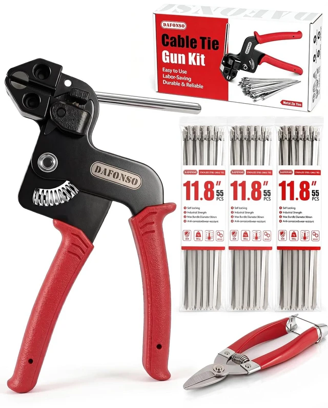 Main image of 167-Piece Stainless Steel Cable Tie Gun Kit with 165 Metal Zip Ties Self-locking 11.8 in 304 stainless steel ties, metal scissors, fencing, exhaust wrap, cable management and outdoor work