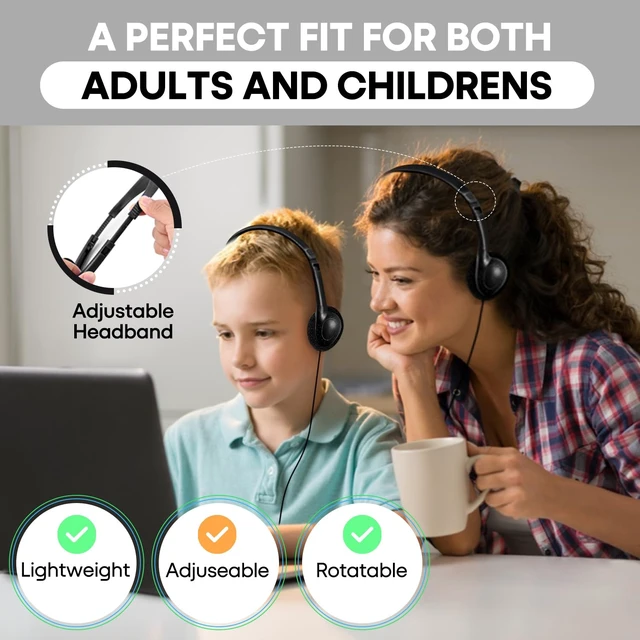 Alt view image 4 of 7 - Bulk Headphones 50 Pack for Kids School Classroom,Wholesale Wired Adjustable On Ear Earphones Class Set for Students Children Toddler Teens Boys Girls and Adult (GS857, Black)