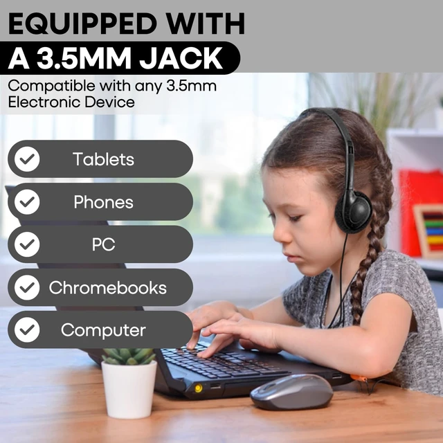 Alt view image 7 of 7 - Bulk Headphones 50 Pack for Kids School Classroom,Wholesale Wired Adjustable On Ear Earphones Class Set for Students Children Toddler Teens Boys Girls and Adult (GS857, Black)