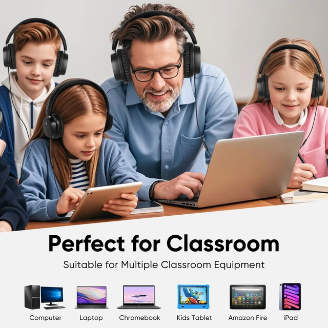Alt view image 2 of 7 - Kids Wired Headphones for School, 10-Pack, Foldable with Mic Stereo sound, Comfortable over-ear fit, Foldable design, 3.5 mm jack, Ideal for classrooms, iPads, tablets and computers