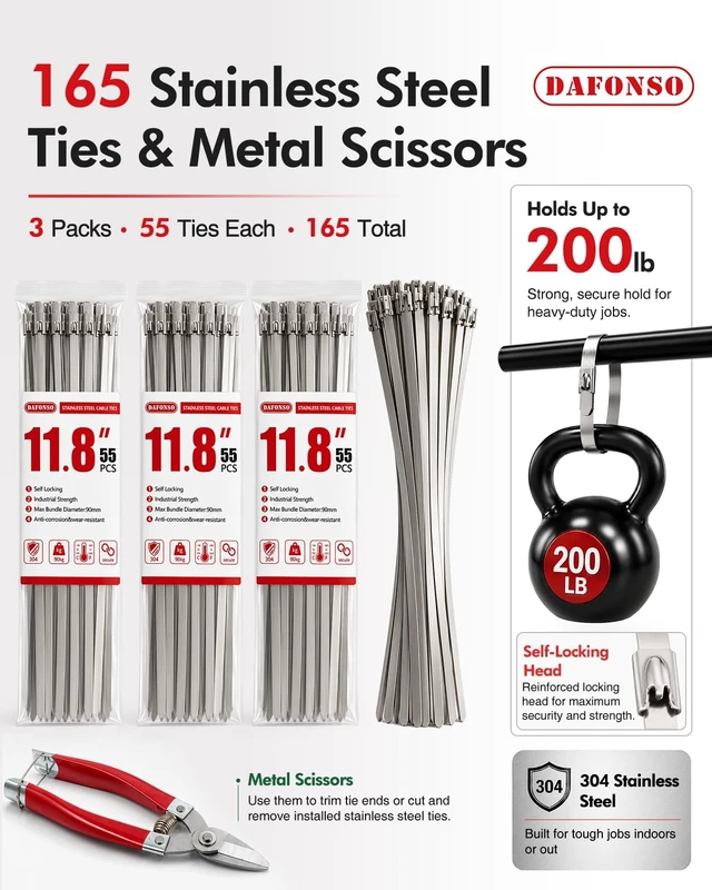 Alt view image 5 of 7 - 167-Piece Stainless Steel Cable Tie Gun Kit with 165 Metal Zip Ties Self-locking 11.8 in 304 stainless steel ties, metal scissors, fencing, exhaust wrap, cable management and outdoor work