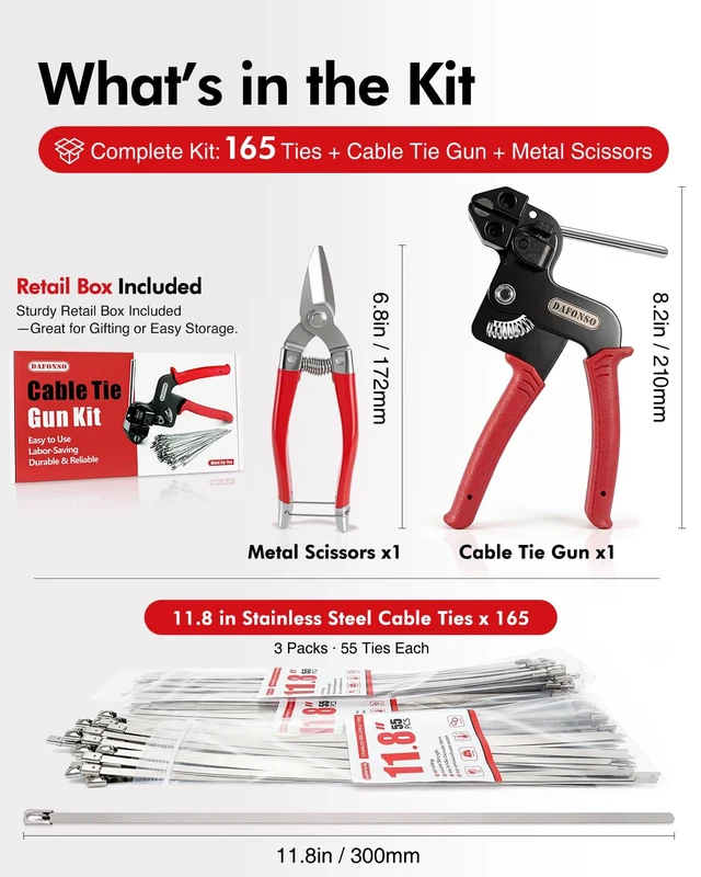 Alt view image 7 of 7 - 167-Piece Stainless Steel Cable Tie Gun Kit with 165 Metal Zip Ties Self-locking 11.8 in 304 stainless steel ties, metal scissors, fencing, exhaust wrap, cable management and outdoor work