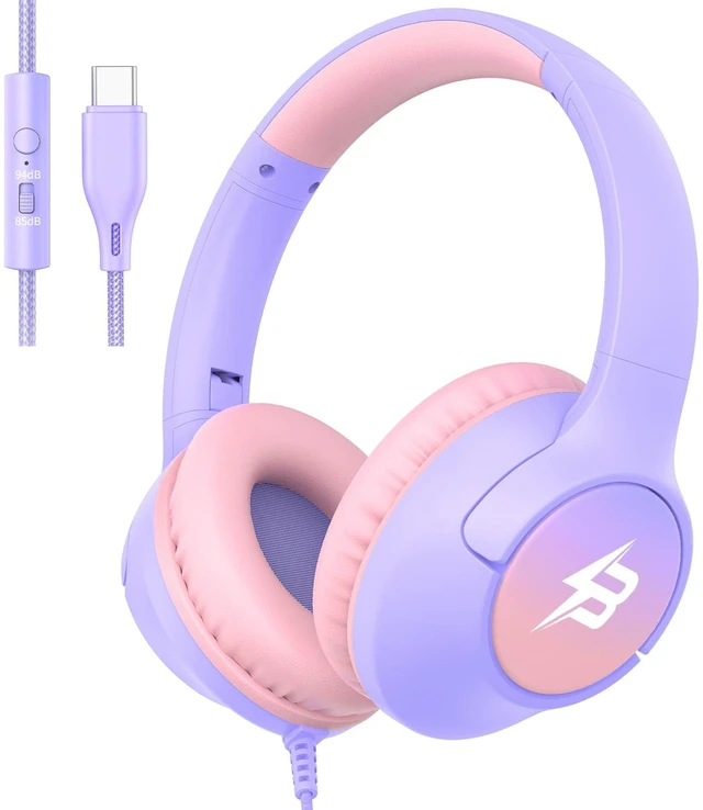 Main image of USB C Headphones Wired for Kids, 85/94dB Volume Limit With Mic, Purple Kid Headphones for School, Wired Over Ear USBC Plug in Corded Headphones for Boys Girl Toddler, iPad, Tablet, Airplane Travel