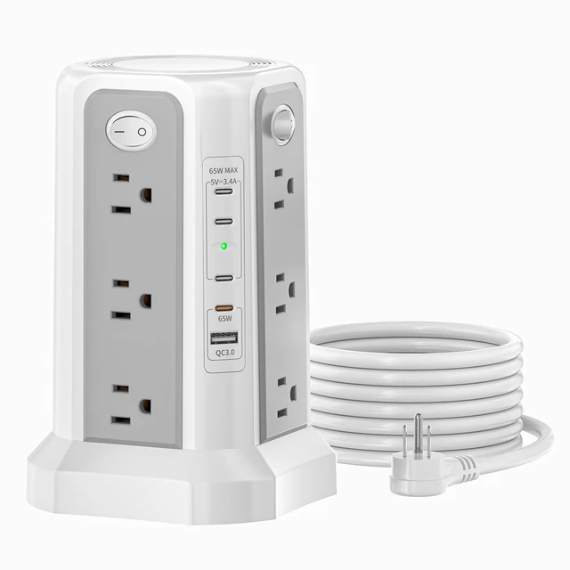 Main image of PD 65W USB C Fast Desktop Charging Station Tower Power Strip Surge Protector, 12 Widely Spaced AC Outlets, 4 USB C, 1 USB A, 10FT Extension Cord Overload Protection