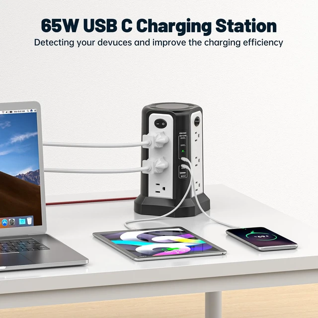 Alt view image 4 of 7 - PD65W USB C Fast Desktop Power Strip Surge Protector Desktop Charging Station, 12 AC Outlets 4 USB C 1 USB A, 10FT Extension Cord with Overload Protection for Home Office Dorm