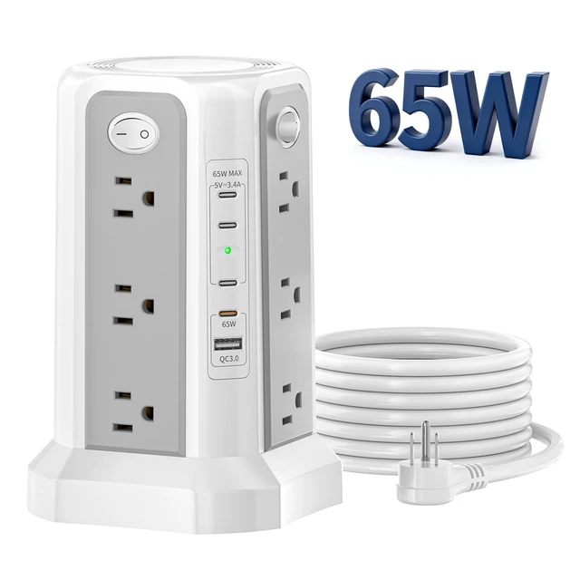 Alt view image 2 of 7 - PD 65W USB C Fast Desktop Charging Station Tower Power Strip Surge Protector, 12 Widely Spaced AC Outlets, 4 USB C, 1 USB A, 10FT Extension Cord Overload Protection