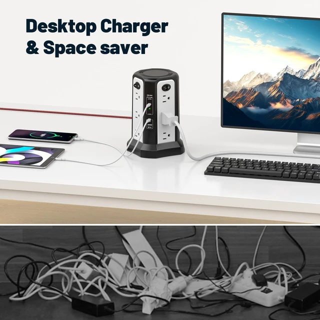 Alt view image 6 of 7 - PD65W USB C Fast Desktop Power Strip Surge Protector Desktop Charging Station, 12 AC Outlets 4 USB C 1 USB A, 10FT Extension Cord with Overload Protection for Home Office Dorm