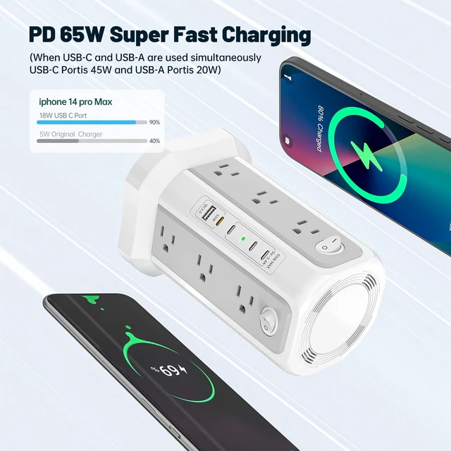 Alt view image 3 of 7 - PD 65W USB C Fast Desktop Charging Station Tower Power Strip Surge Protector, 12 Widely Spaced AC Outlets, 4 USB C, 1 USB A, 10FT Extension Cord Overload Protection