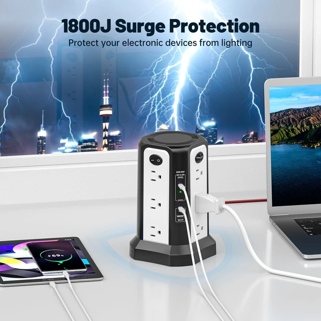 Alt view image 5 of 7 - PD65W USB C Fast Desktop Power Strip Surge Protector Desktop Charging Station, 12 AC Outlets 4 USB C 1 USB A, 10FT Extension Cord with Overload Protection for Home Office Dorm